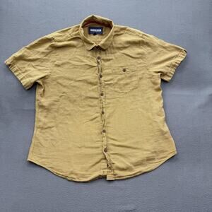 32 Bar Blues Shirt Mens XL Yellow Check Short Sleeve Button Front Linen Blend